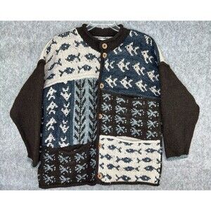 Amano Wool Cardigan Sweater Fish Hand Knit Boho Art to Wear L/XL Bolivia